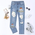 Vaqueros rectos celestes para mujer con rotos y estampado festivo Merry Christmas - S / Estampado Navidad Azul Claro