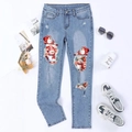 Women's light blue distressed jeans with festive snowman print patches and ripped details - S / Scarf Snowman Style (TP251100702)
