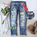 Damen Jeans zum St. Patrick's Day mit Kleeblatt-Patches und Lucky Charm-Aufdruck - S / Dunkelblau
