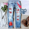 Damen Hellblaue Straight Jeans mit Herz-Print-Patches und elastischem Taillenbund - 3XL / Hellblau Herzballon (TP25112002)