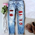 Women's light blue ripped jeans with red sequin heart patches and fringe boots - S / Light Color Heart Print