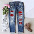 Distressed blue slim fit women's jeans with red heart patches and plaid patterns - S / Dark Blue Heart Print