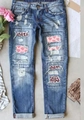 Close-up of distressed denim with pink heart and leopard print patches and cuff details - 3XL / Heart Leopard Print