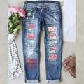 Jeans blu strappati da donna con toppe a cuore e stampa Happy Valentine's Day - S / Blu Stampa a Cuore