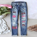Women's light blue ripped jeans with pink glitter patches and festive tree prints - S / Light Blue (Christmas Tree Print)