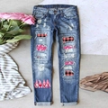 Women's blue washed ripped jeans with plaid patches and pink love gnome prints - 3XL / Washed Blue Gnome Print