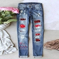 Women's 3D Christmas print ripped straight leg denim jeans with festive plaid patches - 3XL