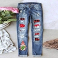 Women Christmas ripped denim jeans with festive buffalo plaid patches and gnome print - S / Blue Christmas Gnome Print