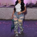 Women high waisted light blue ripped jeans with colorful patchwork and distressed details - XS / Blue