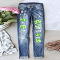 Dunkelblaue Mid-Rise Straight Leg Jeans mit grünen Kleeblatt-Druck-Patches - 3XL / Dunkelblau