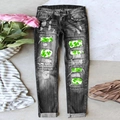Jeans neri lavati da donna con motivi di trifoglio Saint Patrick e dettagli strappati - S / Grigio Lavato (Toppa Trifoglio Verde Chiaro su Base Bianca)