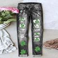 Dunkelgraue Jeans mit Pailletten-Kleeblatt-Print und Distressed-Löchern im St. Patrick Stil - 3XL / Grau