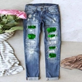Distressed blue denim jeans with green clover inserts and trendy rolled cuffs - 3XL / Dark Blue-Dense Shamrock Print