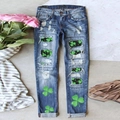 Mid-waist Straight-Jeans in Blau mit Kleeblatt-Druck und Distressed-Ripped-Details - 3XL / Dunkelblau (TP3120607)