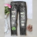 Donkergrijze distressed jeans met klaverprint patches en gescheurde details - S / Grijs