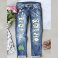 Blauwe damesjeans met rechte pijpen, vintage klaver-patches en bloemige klaverprint - S / Donkerblauw