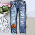 Jeans slim blu usurati con girasoli colorati a cartone animato e toppe a onde strappate - S / Stampa Cartoon Blu (TP4012003)
