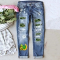 Damen St. Patrick's Day Jeans mit Kleeblatt-Prints, Rissen und niedlichem Gnom-Muster - 3XL / Blauer Klee-Druckstil (TP4012012)