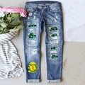 Jeans blu di San Patrizio con toppe a quadrifoglio e dettagli strappati stile casual - S / Stile Strappato Trifoglio Giorno di San Patrizio / Blu Medio
