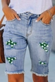 Pantaloncini di jeans azzurri da donna con toppe a quadrifoglio verde e orlo a frange - S / Blu Chiaro Patch Trifoglio(TP24231)