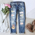 Jeans strappati da donna con stampa coniglietto e decorazioni pasquali in denim - 3XL / Orecchie di Coniglio con Fiori (TTP2213)