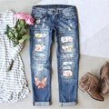 Jeans strappati blu da donna con stampa coniglio di Pasqua e toppe con uova - 3XL / Stampa Blu
