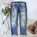 Jeans dritti da donna con strappi e ricami di coniglietti colorati Happy Easter - S / Blu Scuro Stampa Coniglio Uovo (TP4022205)