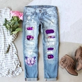 Women's light blue distressed straight jeans with purple floral and butterfly prints - S / Light Blue with Purple Floral Butterfly Print