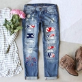 Women's ripped straight jeans with US flag patches and firework prints on washed blue denim - Star Patchwork Fireworks Print Style (TP2404126)