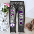 Women's dark gray ripped straight jeans with purple floral patches and butterfly print - S / Gray with Purple Floral Butterfly Print
