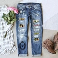 Jeans blu a gamba dritta con strappi, toppe floreali e stampa con stemma d'ape - S / Stampa Narciso e Ape (TP2405273)