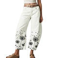 Witte damesjeans met hoge taille, wijde pijpen en print van paardenbloemen en vlinders - S / Witte Paardenbloemprint(TP24040306)
