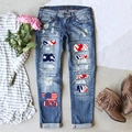 Damen Mid-Waist Jeans mit Rissen, US-Flaggen-Patch und grafischem Print im Straight Cut - S / Stern-Patchwork-UCA-Druck-Stil (TP2404123)