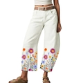 Damen Creme High-Waist Weites Bein Jeans mit floralem Print und braunem Ledergürtel - S / Off-White Sonnenblumen Druck