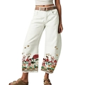 Weiße High-Waist-Hose mit weitem Bein, Blumenmuster und vintage braunem Gürtel - S / Weiß Blumendruck