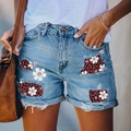 Shorts vaqueros de cintura alta para mujer con parches de leopardo y flores y detalles rotos - S / Orquídea Roja