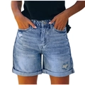 Light blue high waisted denim shorts for women with rolled hem and distressed details - Light Blue