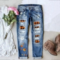 Distressed mid-rise straight jeans with orange plaid patches and maple leaf print - S / Medium Blue (Yellow Plaid + Maple Leaf)