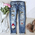 Jeans donna dritti a vita media blu lavato con inserti ricamati di gnomi natalizi festivi - S / Blu Lavato Stampa Gnomo