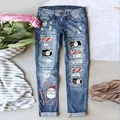Women's blue washed jeans with Christmas Santa print and HO HO HO slogan on the leg - S / Medium Blue (Christmas Print)