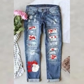 Jeans blu strappati con inserti leopardati e motivi natalizi di Babbo Natale stile casual - S / Stile con Stampa Babbo Natale e Lettere / Blu