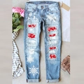 Jeans azzurro chiaro effetto consumato con stampa scozzese Ho Ho Ho e fiocchi di neve - S / Azzurro