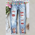 Jeans azzurri da donna con strappi e stampe natalizie di renne e fiocchi di neve - S / Blu Chiaro (Stampa Natalizia)