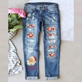 Blue distressed jeans featuring Christmas santa plaid prints in ripped holes styling - S / Medium Blue (Christmas Print)
