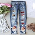 Distressed blue jeans with Christmas Santa Claus print and red plaid patchwork details - S / Blue Santa Claus (TP9292)