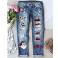 Blue ripped jeans with Christmas plaid patchwork and Santa print in loose straight fit - S / Blue Santa Print