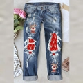 Jeans invernali strappati con stampe di renne natalizie e dettagli patchwork scozzesi - S / Stampa Renna(TP112011)