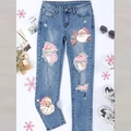 Distressed light blue Christmas jeans with Santa Claus print and stylish ripped holes - 3XL / Pink Santa Print (TP11023)