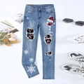 Jean bleu pour femme avec imprimé de Noël et déchirures style décontracté chic - 3XL / Bleu (Imprimé Verre à Vin de Noël)