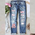 Jeans azzurri da donna con toppe a cuore rosse e stampa romantica del camioncino Love - S / Azzurro